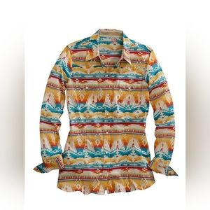 Tin Haul Womens Western Aztec Print Pearl Snap Shirt Multicolored